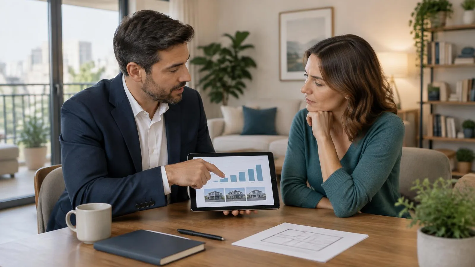 Corredor inmobiliario explicando el rango de valores de una tasación a un propietario